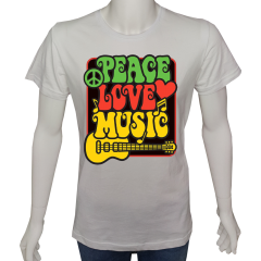 Unisex T-shirt Beyaz 'PopArt / BarışSevgiMüzik' Baskılı