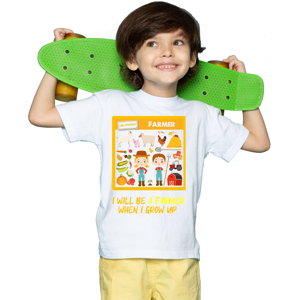 Çocuk T-shirt Beyaz 'Çiftçi' Baskılı