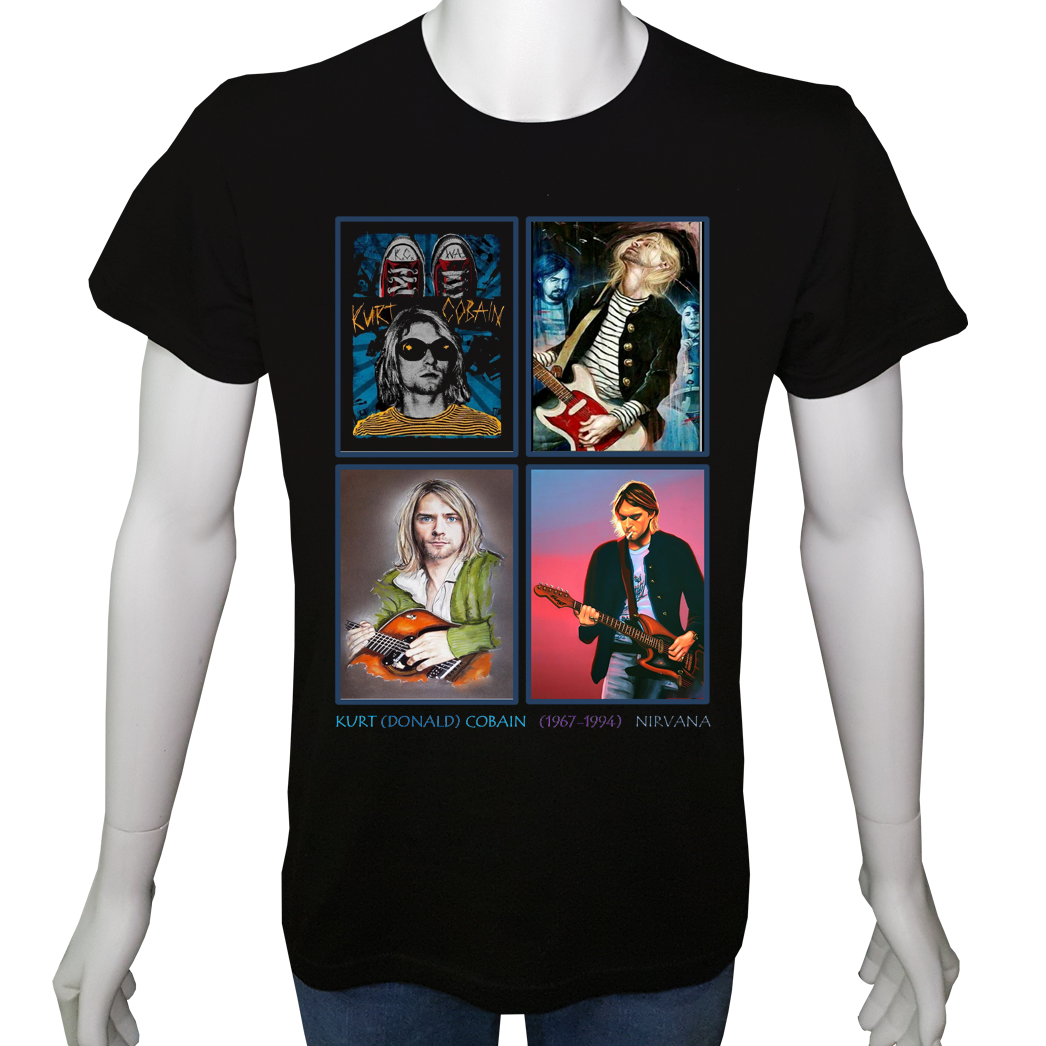 Unisex T-shirt Siyah 'Müzik/KurtCobain3' Baskılı