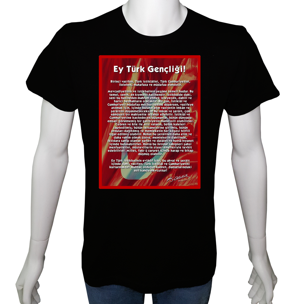 Unisex T-shirt Siyah 'Atatürk/Gençliğe Hitabe' 2Baskılı