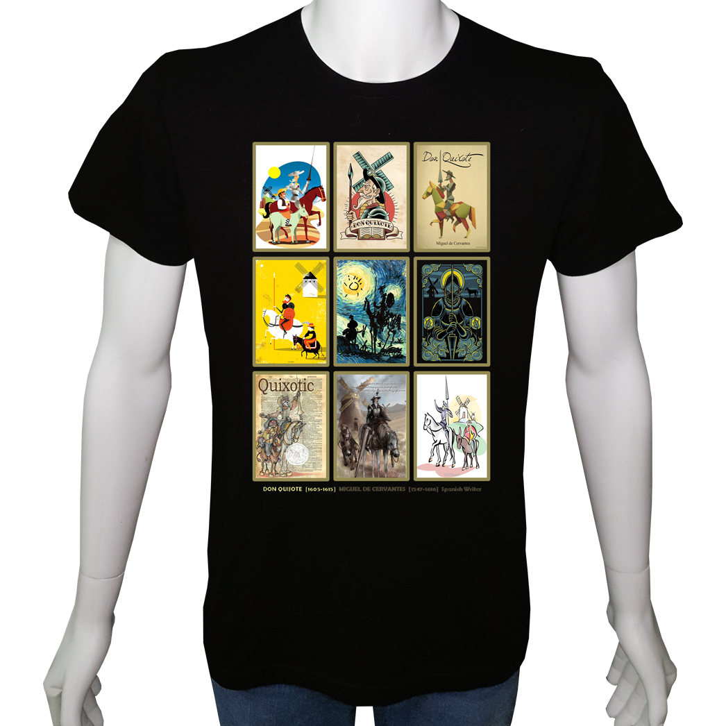 Unisex T-shirt Siyah 'PopArt / Don Kişot1' Baskılı