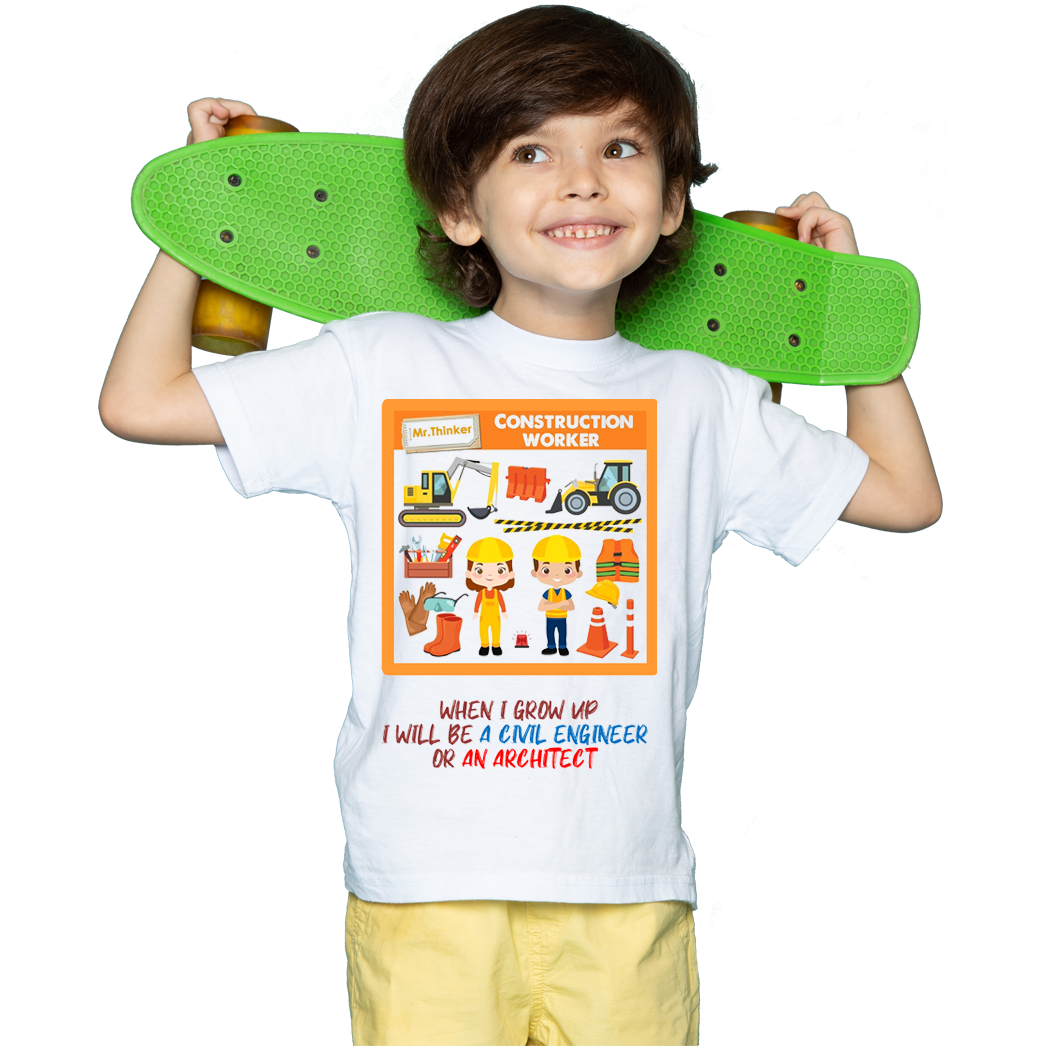 Çocuk T-shirt Beyaz 'İnşaat İşçisi' Baskılı