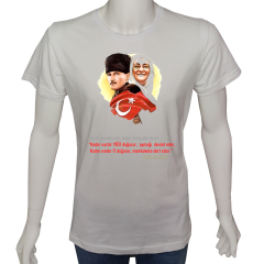 Unisex T-shirt Beyaz 'Atatürk/Zübeyde Hanım' Baskılı