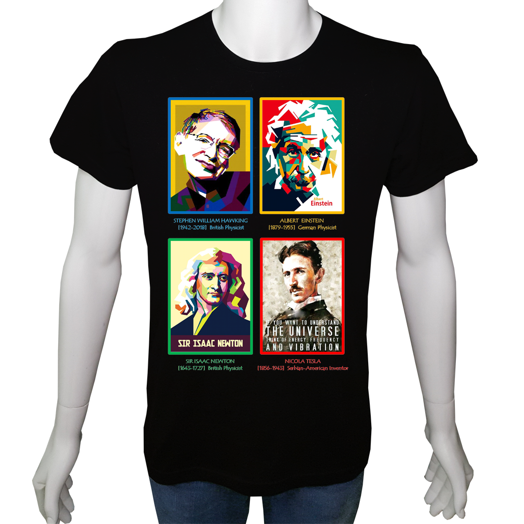 Unisex T-shirt Siyah 'Ünlüler / Bilim İnsanları2' Baskılı