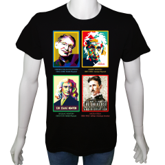 Unisex T-shirt Siyah 'Ünlüler / Bilim İnsanları2' Baskılı