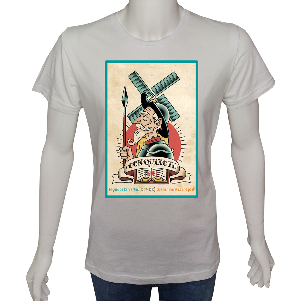 Unisex T-shirt Beyaz 'Ünlüler / Don Kişot1' Baskılı