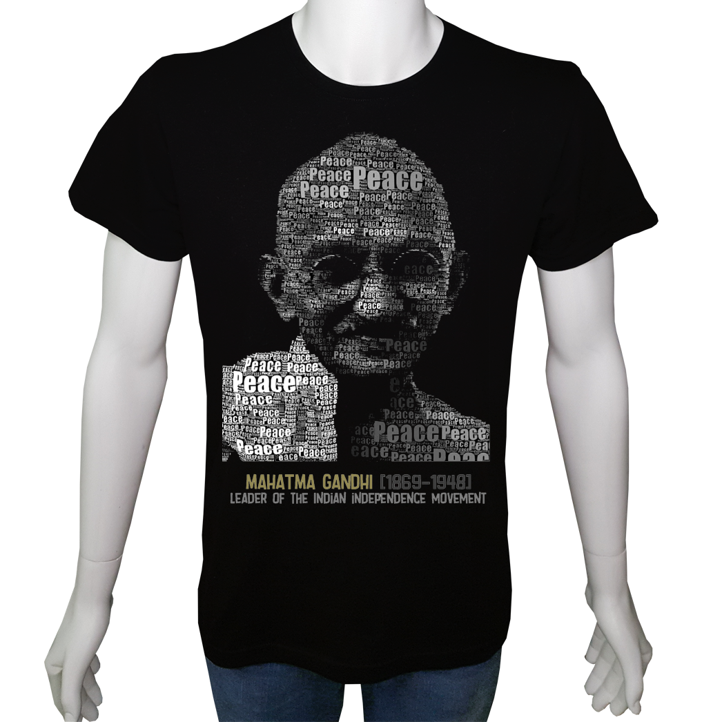 Unisex T-shirt Siyah 'Ünlüler / Gandhi2' Baskılı