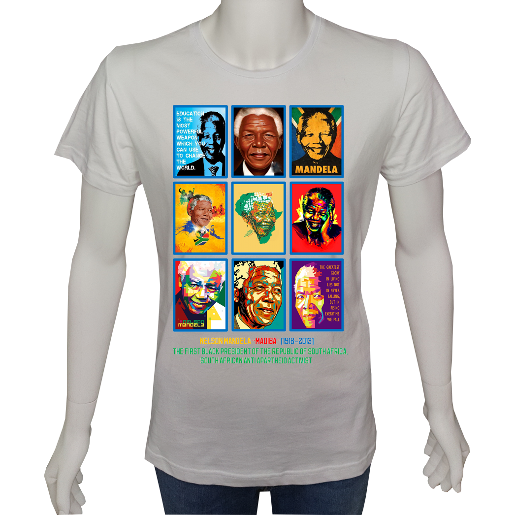 Unisex T-shirt Beyaz 'Ünlüler / Nelson Mandela' Baskılı