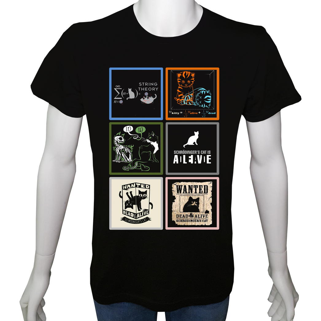 Unisex T-shirt Siyah 'Bilim Kulübü / Schrödingerİn Kedisi2' Baskılı