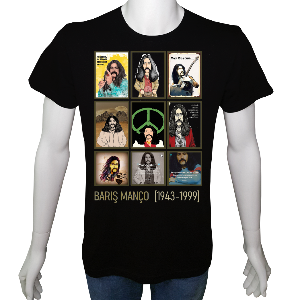 Unisex T-shirt Siyah 'Ünlüler / Barış Manço' 2Baskılı