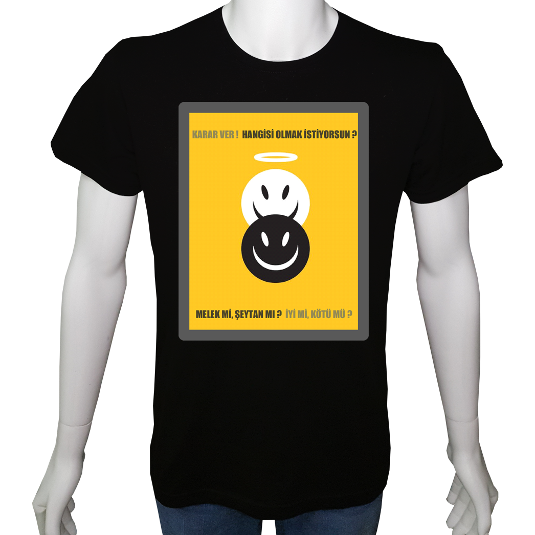 Unisex T-shirt Siyah 'PopArt / Melek&Şeytan1' Baskılı