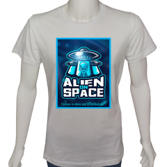 Unisex T-shirt Beyaz 'Uçak&Uzay / Alien9' Baskılı