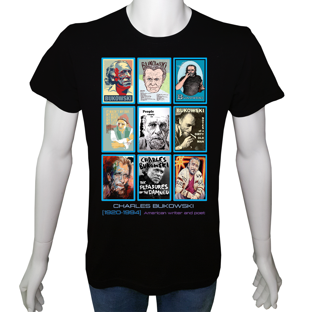 Unisex T-shirt Siyah 'Ünlüler / Charles Bukowski' Baskılı