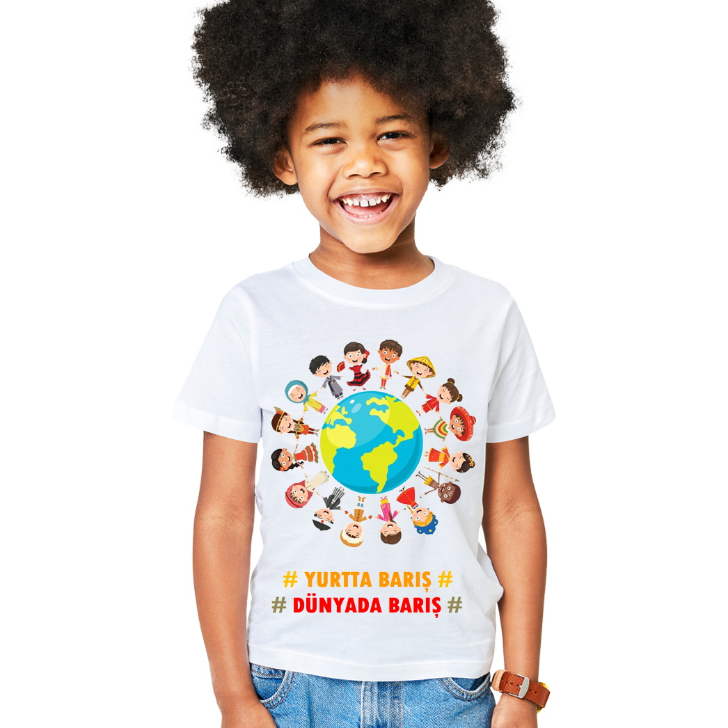 Çocuk T-shirt Beyaz 'Dünya Barışı5' Baskılı