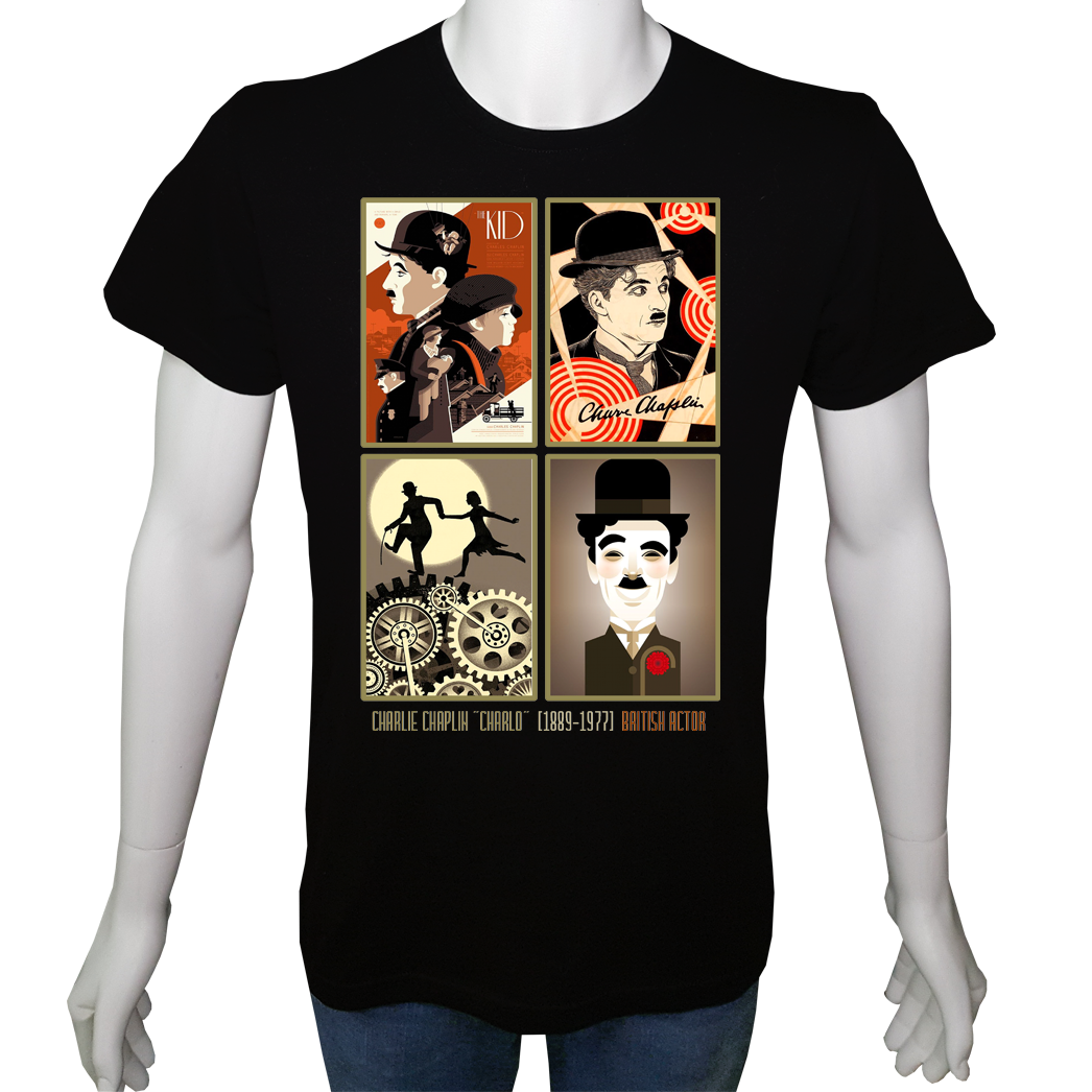 Unisex T-shirt Siyah 'Ünlüler / Charlie Chaplin1' Baskılı