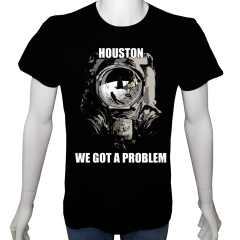 Unisex T-shirt Siyah 'Uçak&Uzay / Alo Houston' Baskılı
